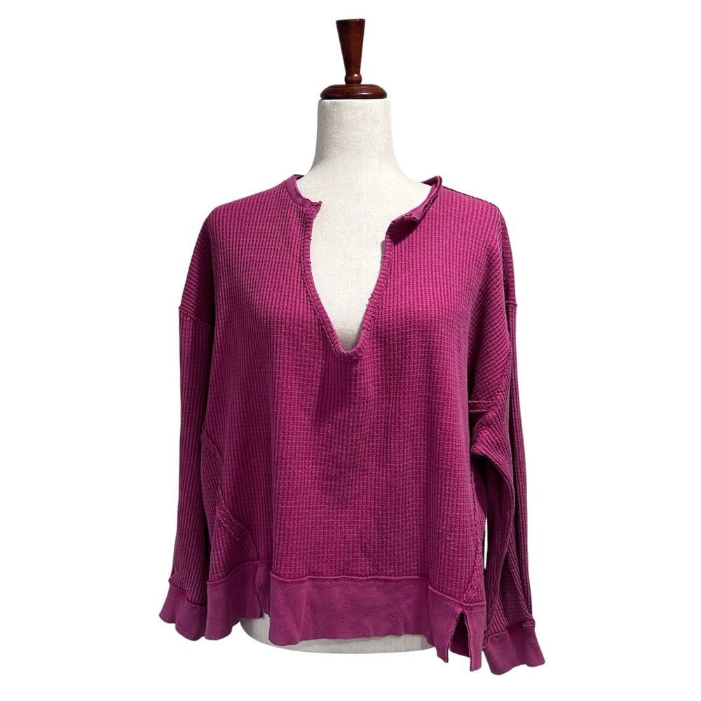 We the Free Boxy Oversized Waffle Weave Shirt XS Extra Small‎ V-Neck Top Boho